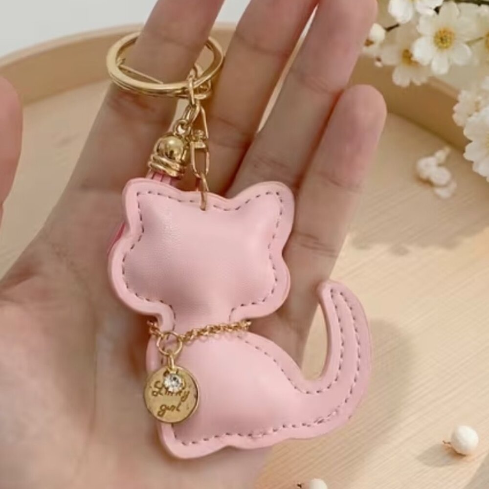 Pink Kitty Cat Bag Charm Keychain Tassel Rhinestone Cute Purse Accessory Gift
